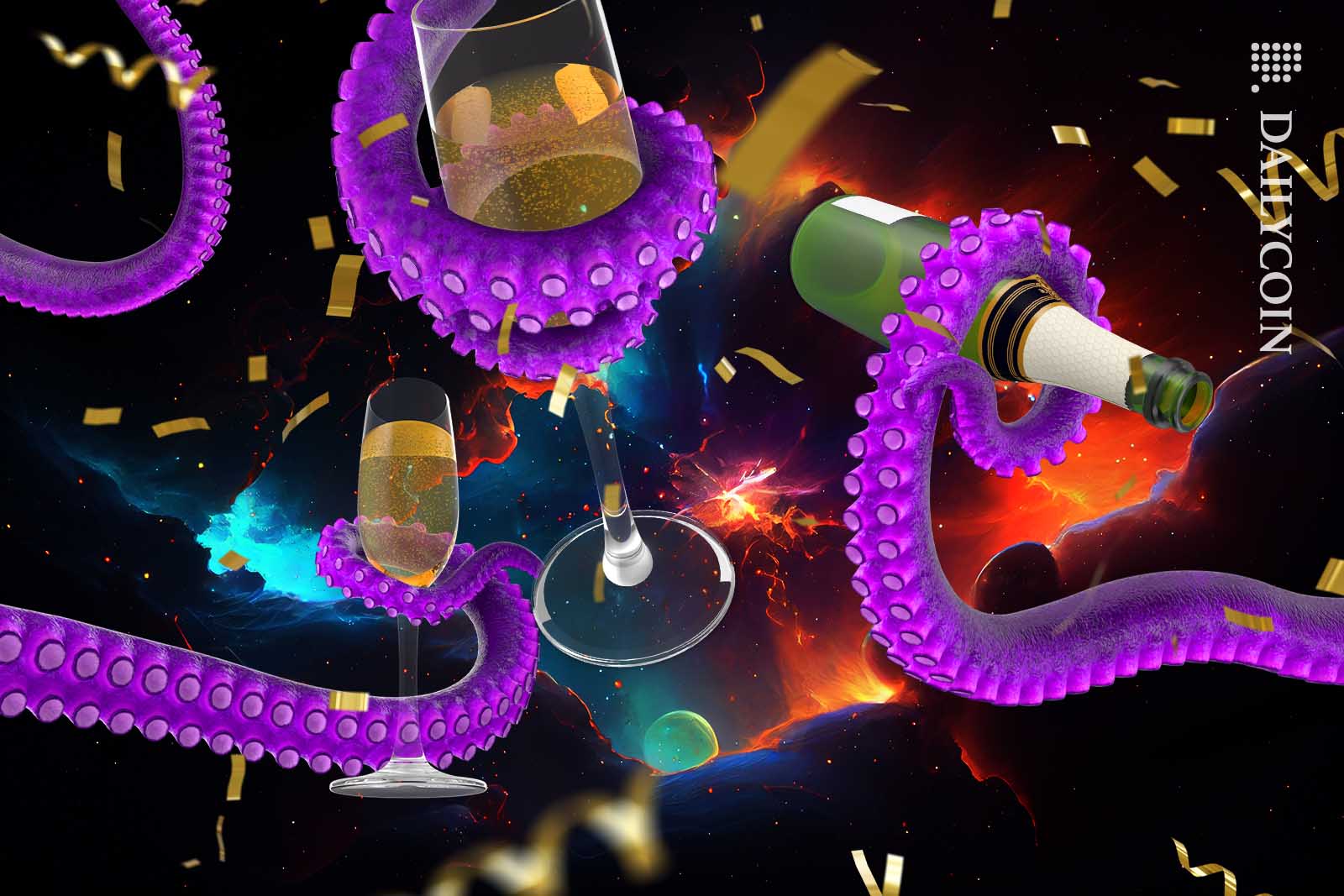 Purple octopus celebrating Pi coin listing with champagne and confetti.
