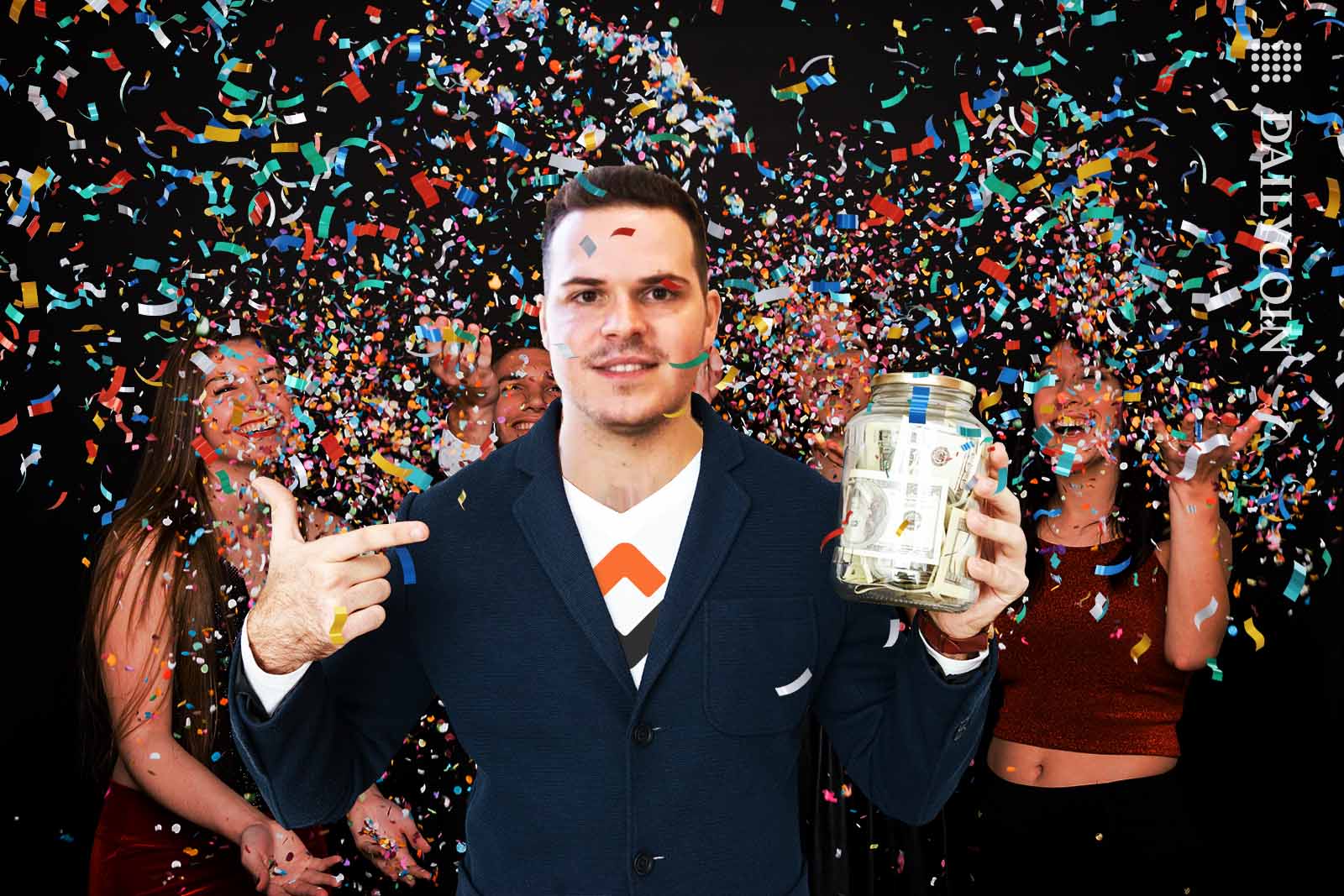 Laszlo Szabo of Kiln celebrating his jar of money.