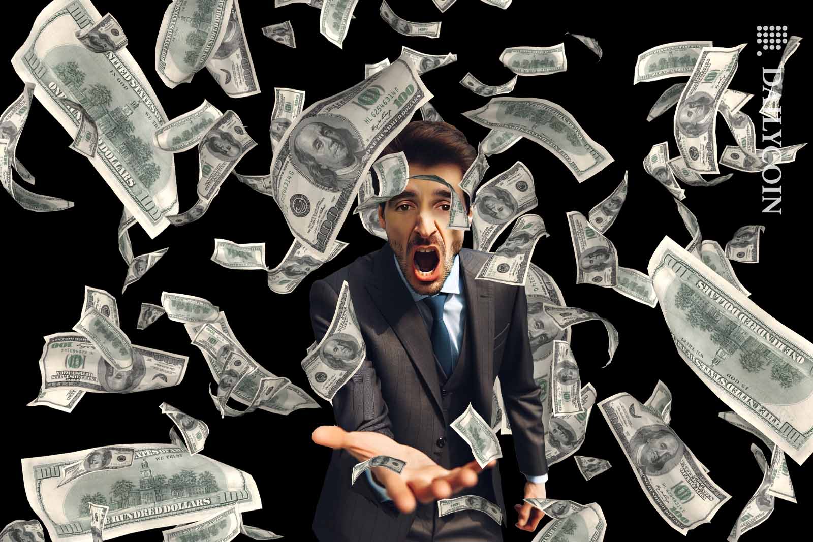 Man demanding money whilst surrounded by money.