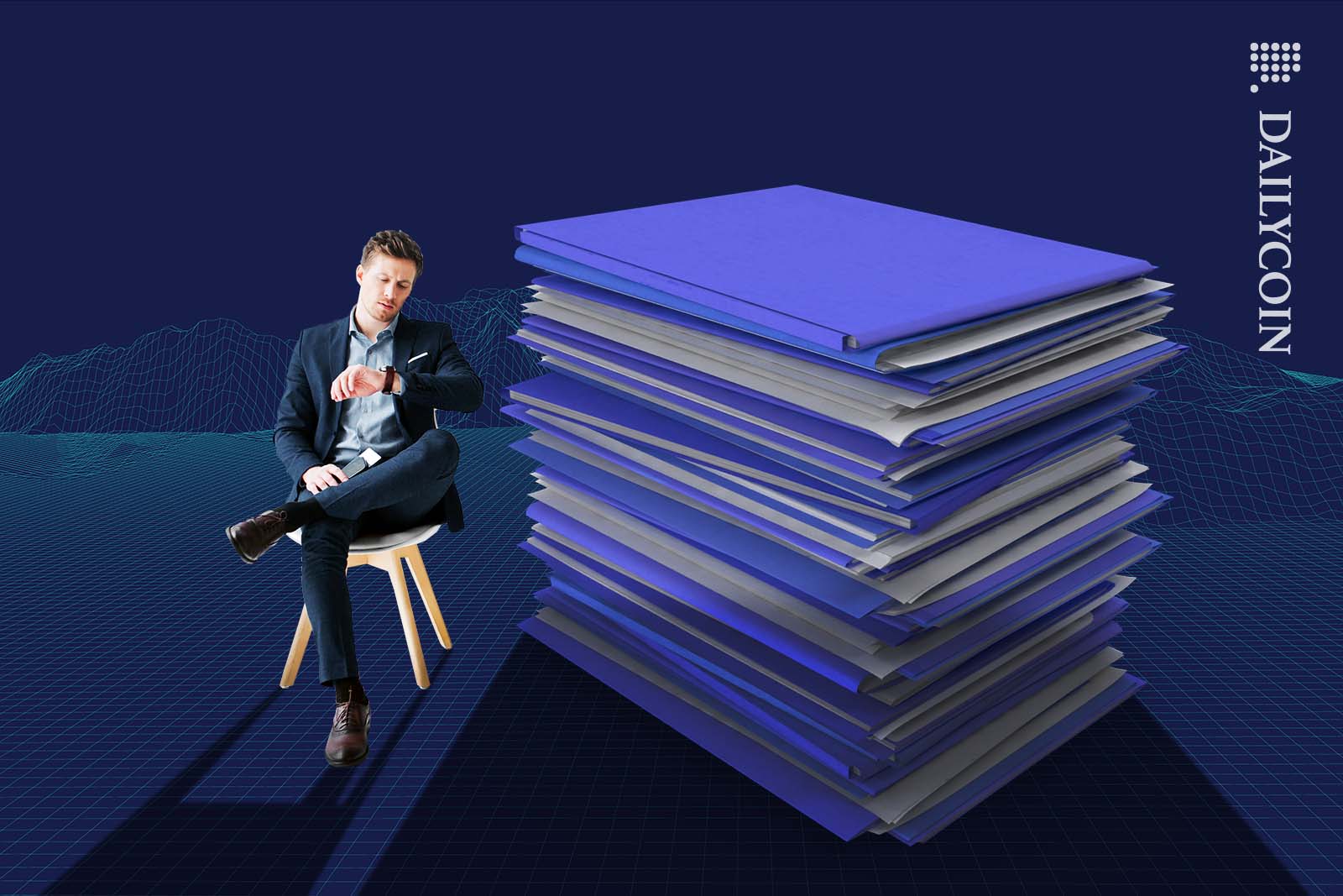 Man looking at his watch waiting for something next to a huge pile of documents.