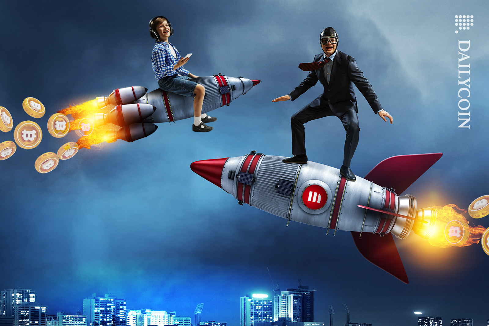 People riding on a MicroStrategy rockets with Bitcoins coming out of the fire.