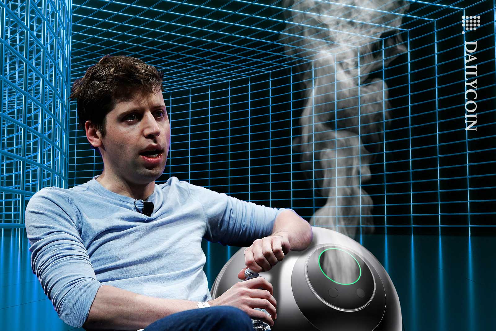 Sam Altman sitting confidently next to a Worldcoin Orb, resting his elbow on it.