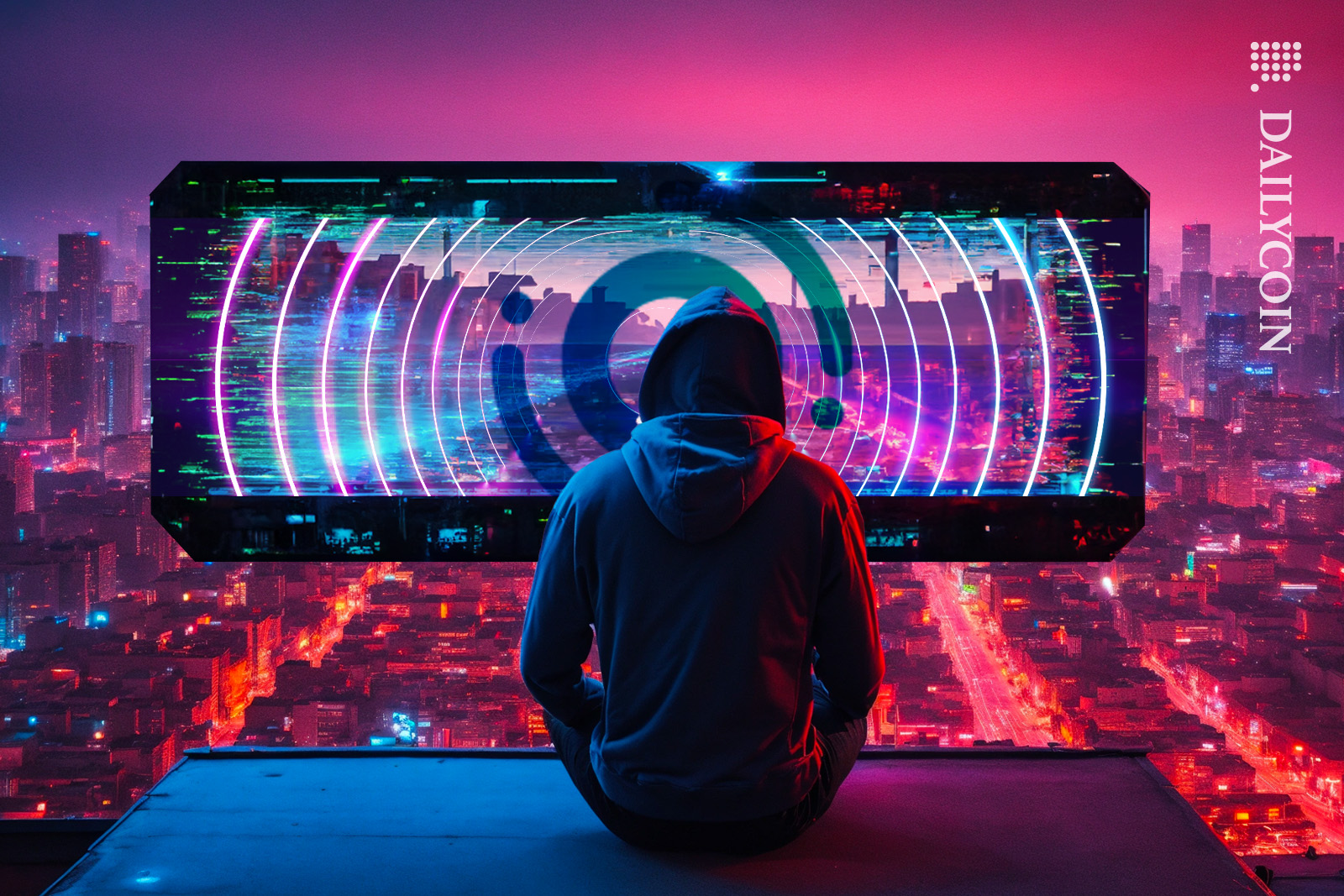 Hacker watching Orbit Bridge exploit on a roof of a building.