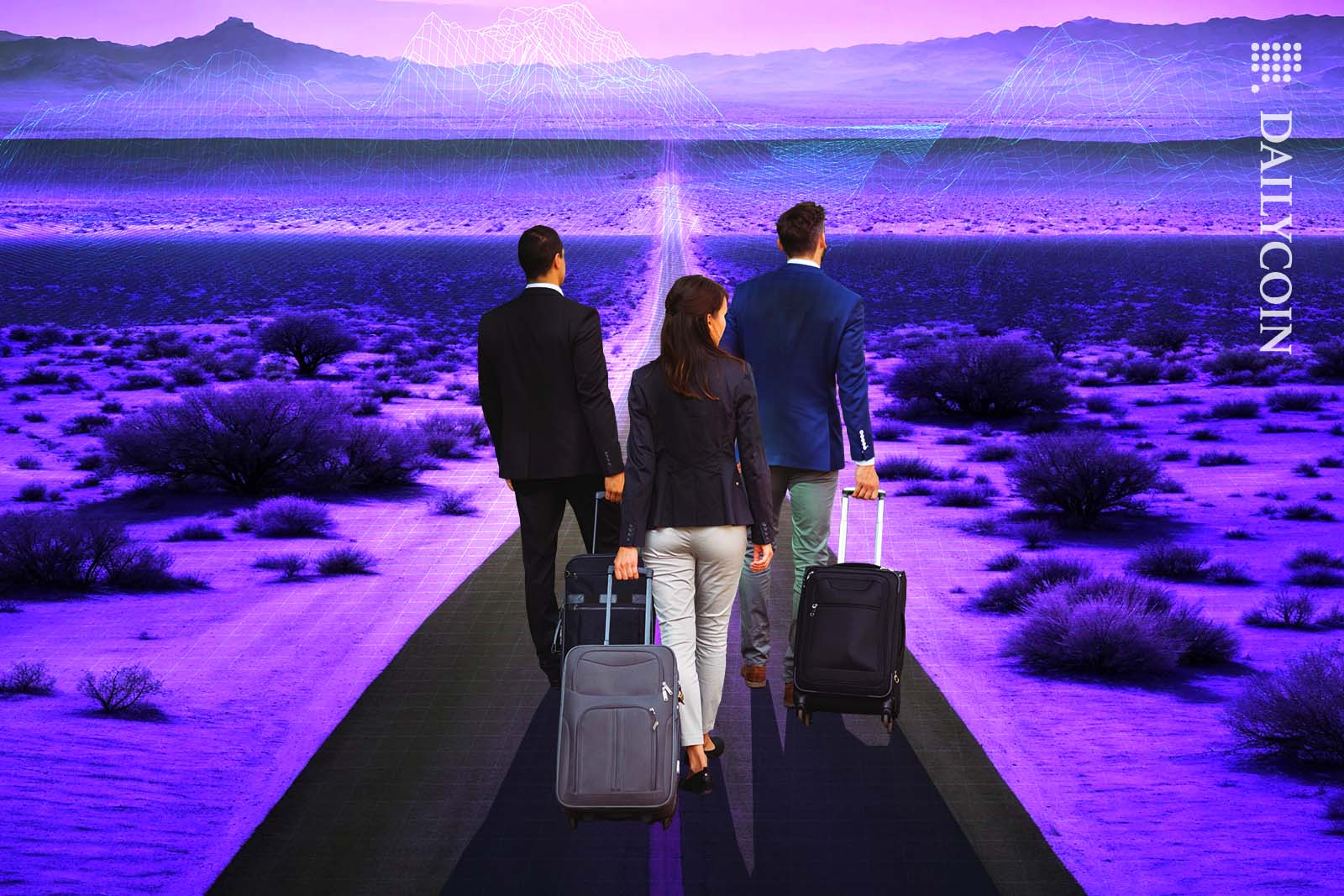 People walking down a long road with their suitcases.