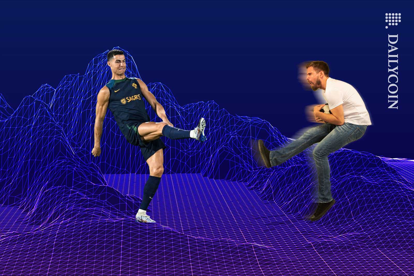 Ronaldo practicing football with an NFT holder fan. The fan is having a hard time keeping up.