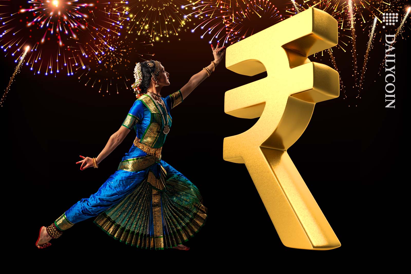 Female Indian dancer with a huge golden Rupee sign under fireworks.