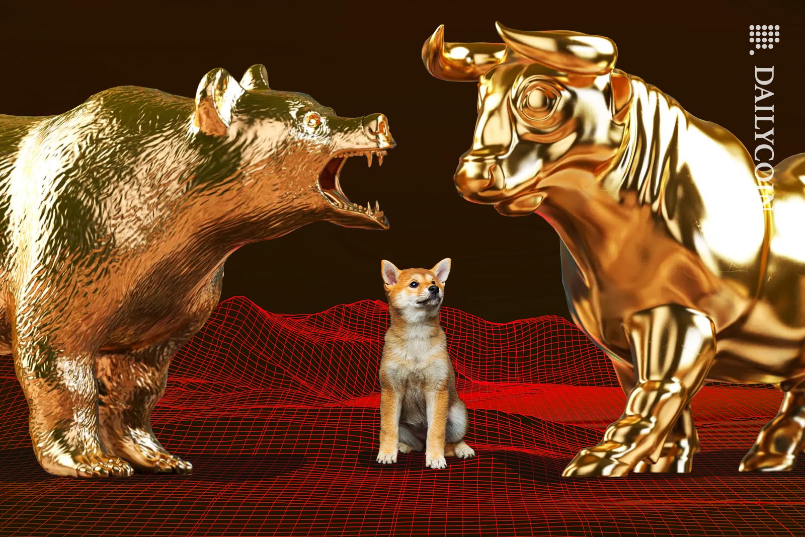 Shiba Inu puppy watching a fight between a golden bull and a bear.