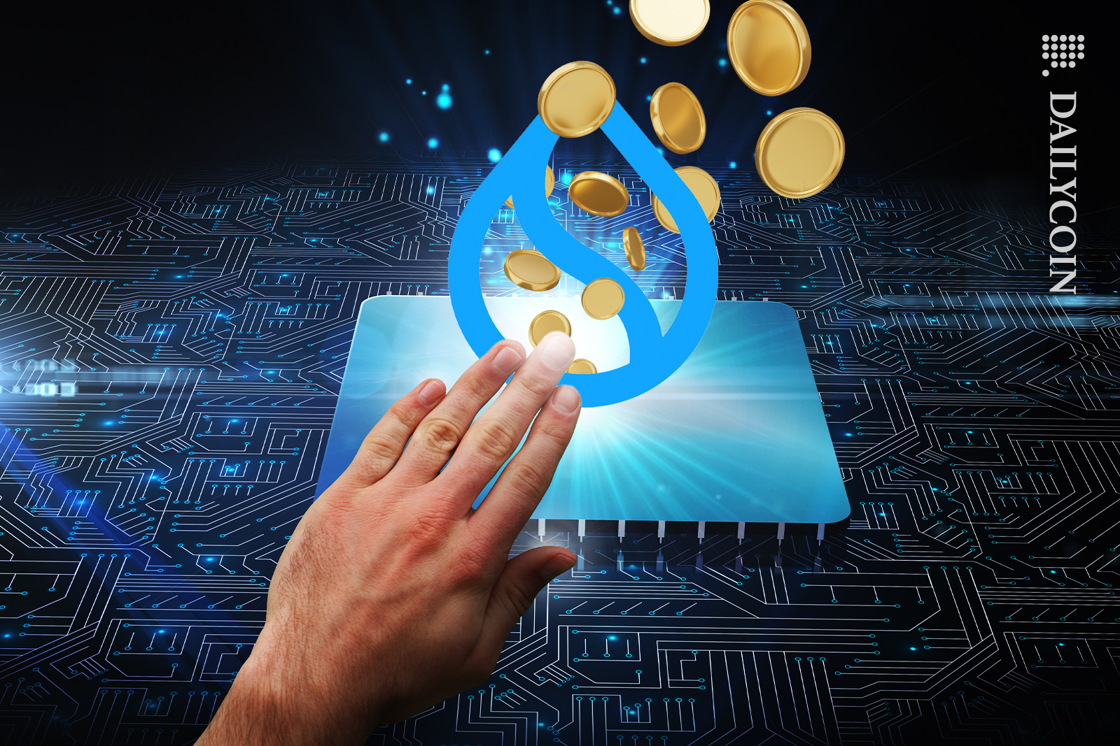 Hand touching SUI chip releasing all the golden coins.