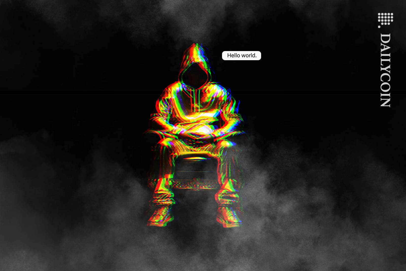 A golden hoodied figure sitting in a chair saying "Hello world".