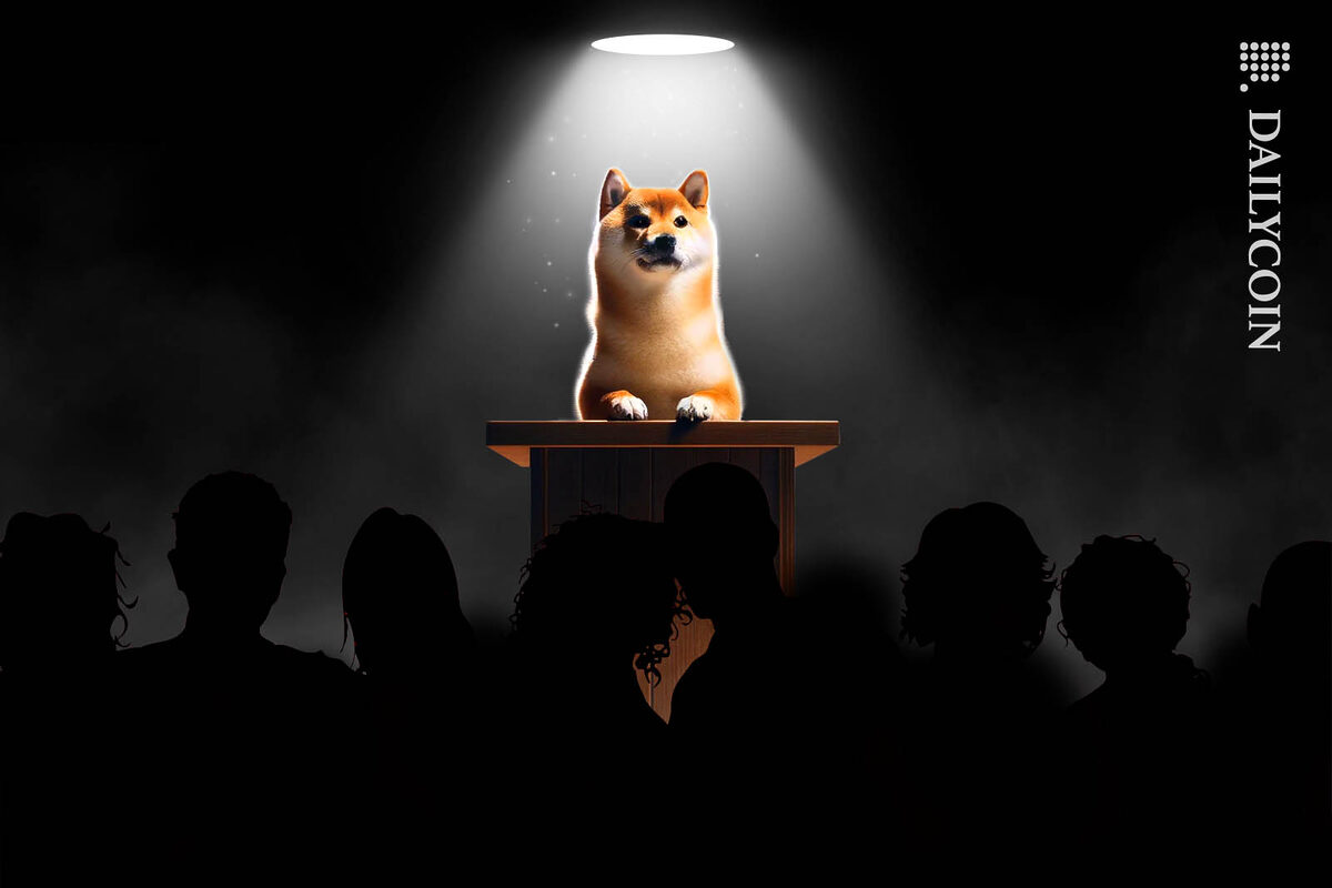 Shiba Inu giving a speach infront of an audience under a spotlight.