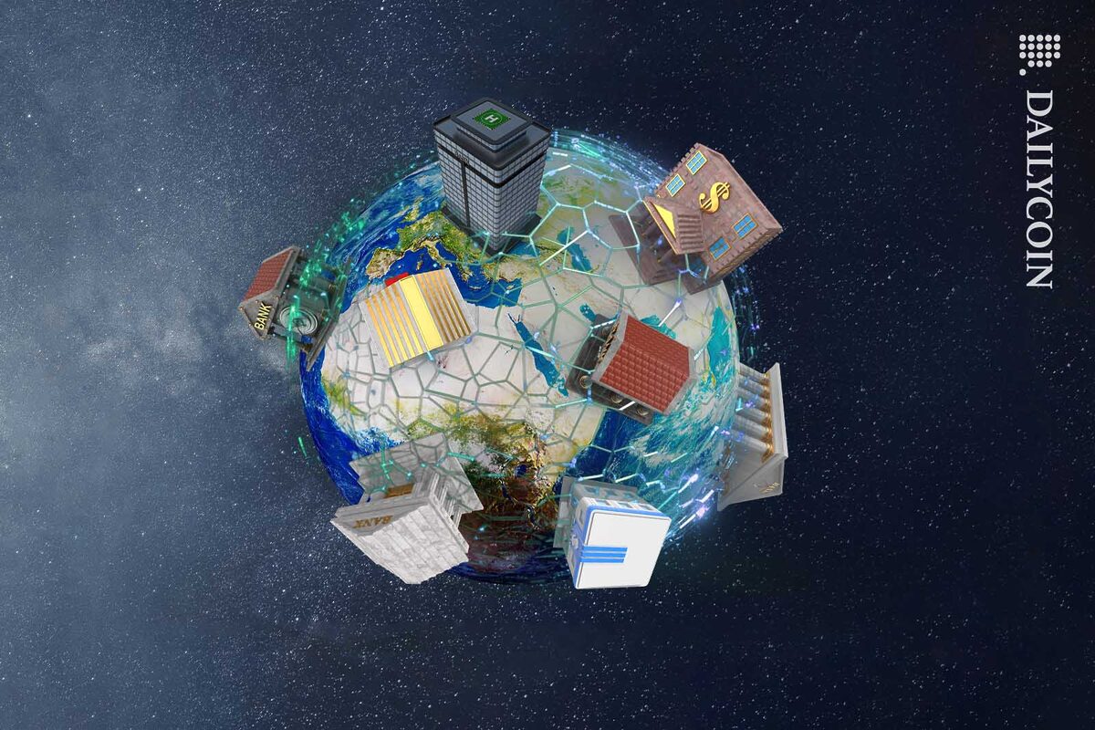 A planet in space with lots of baknk buildings on it.