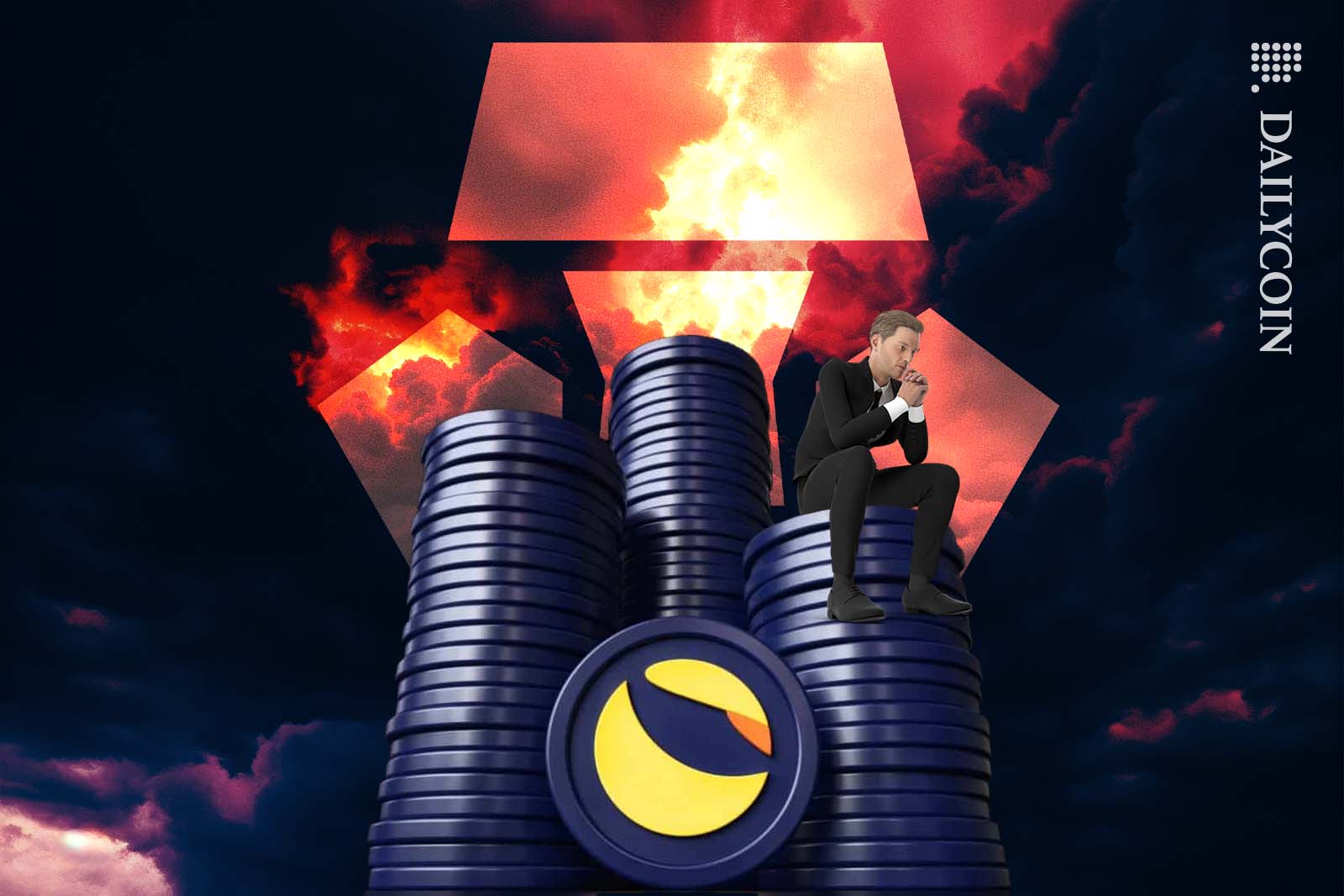 Sad trader sitting on a huge pile of Terra Luna Classic coins whilst a storm approaching.