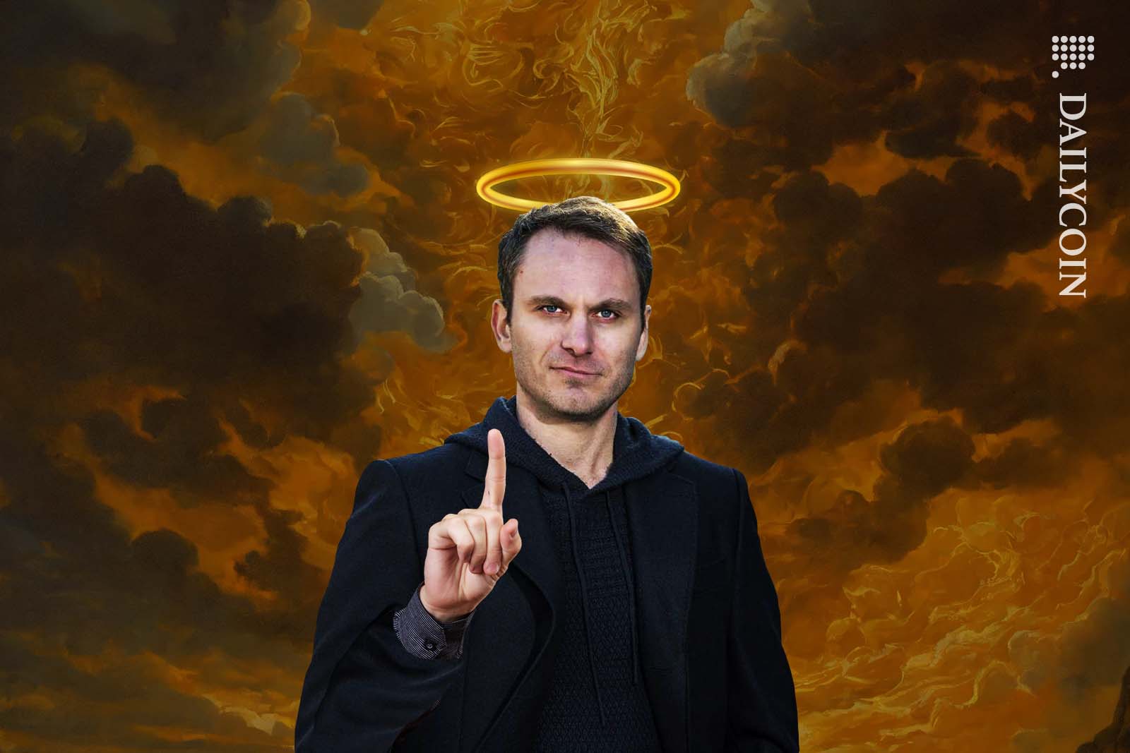 Tether CEO Paolo Ardoino pointing at his shiny golden halo.