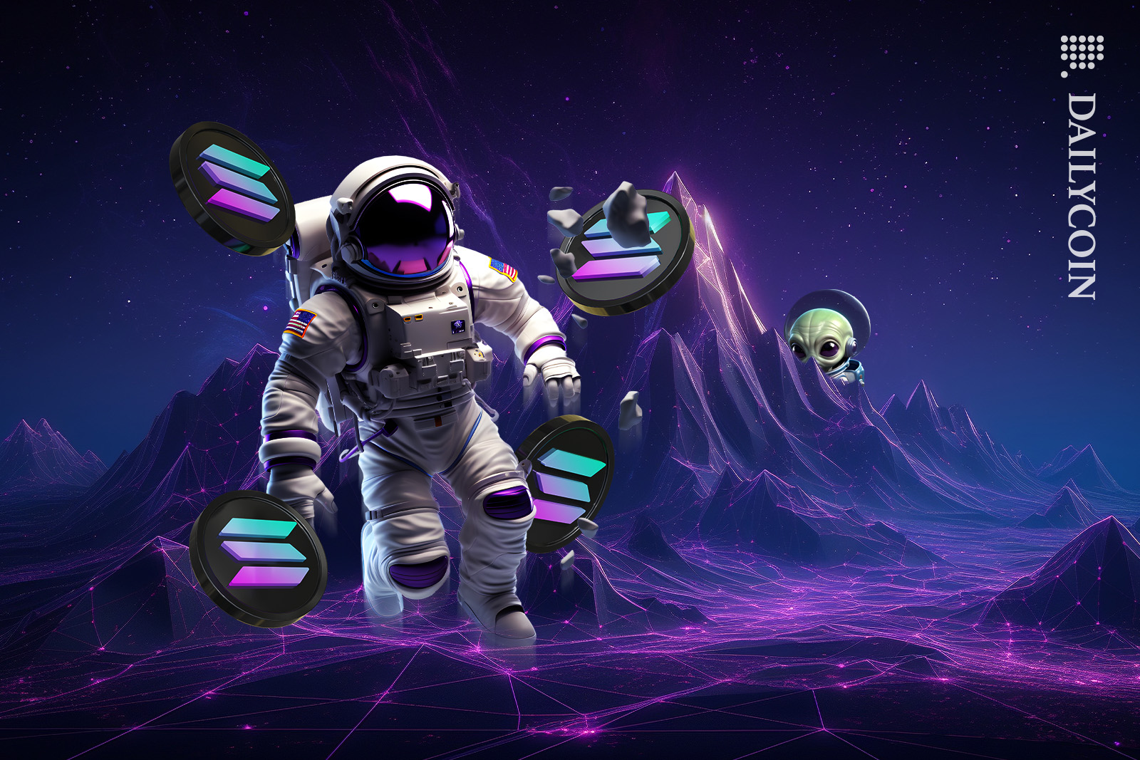 Solana astraunaut on a different planet with his coins, and a little alien is watching him closely from a distance.