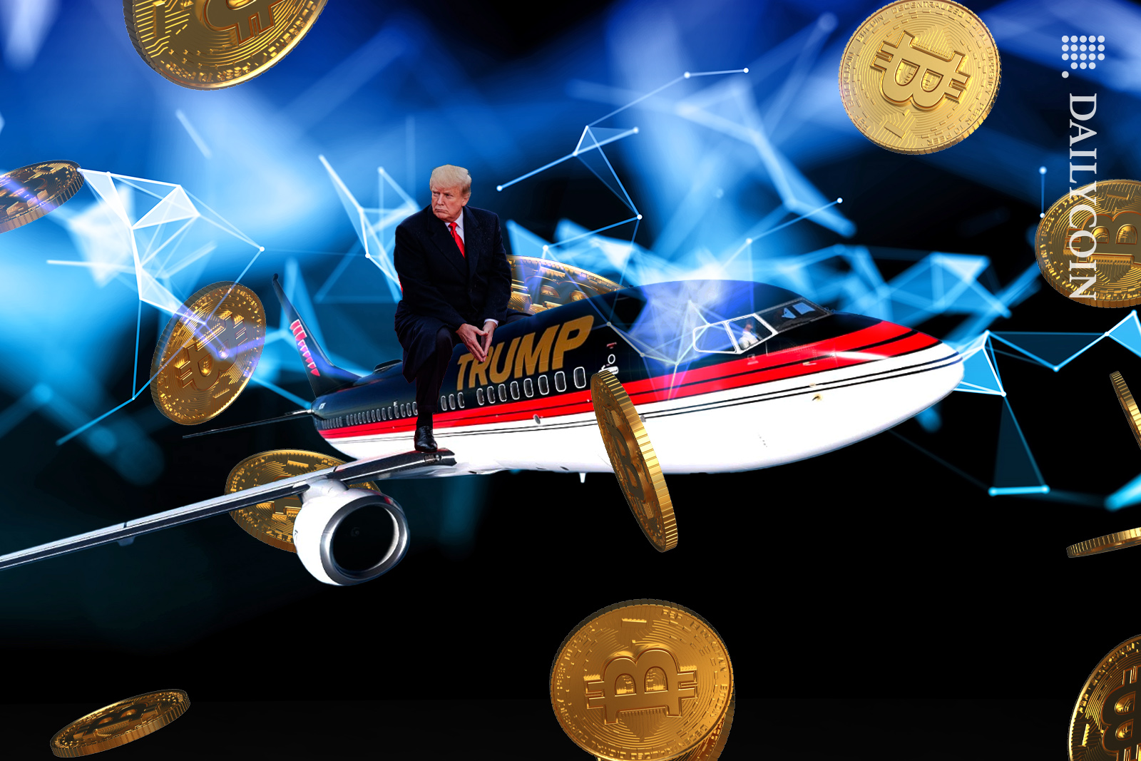 Donald Trump flying on his Trump plane through blockchain and bitcoins.