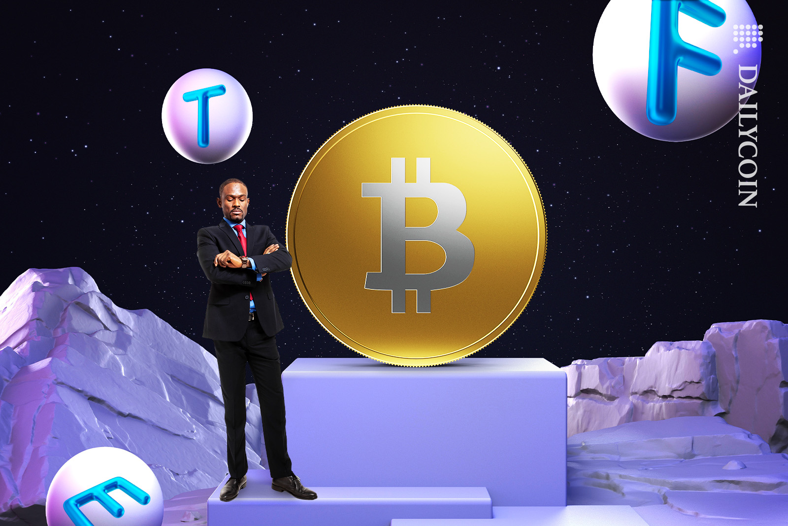 Man waiting on Bitcoin ETF whilst its floating in the air.