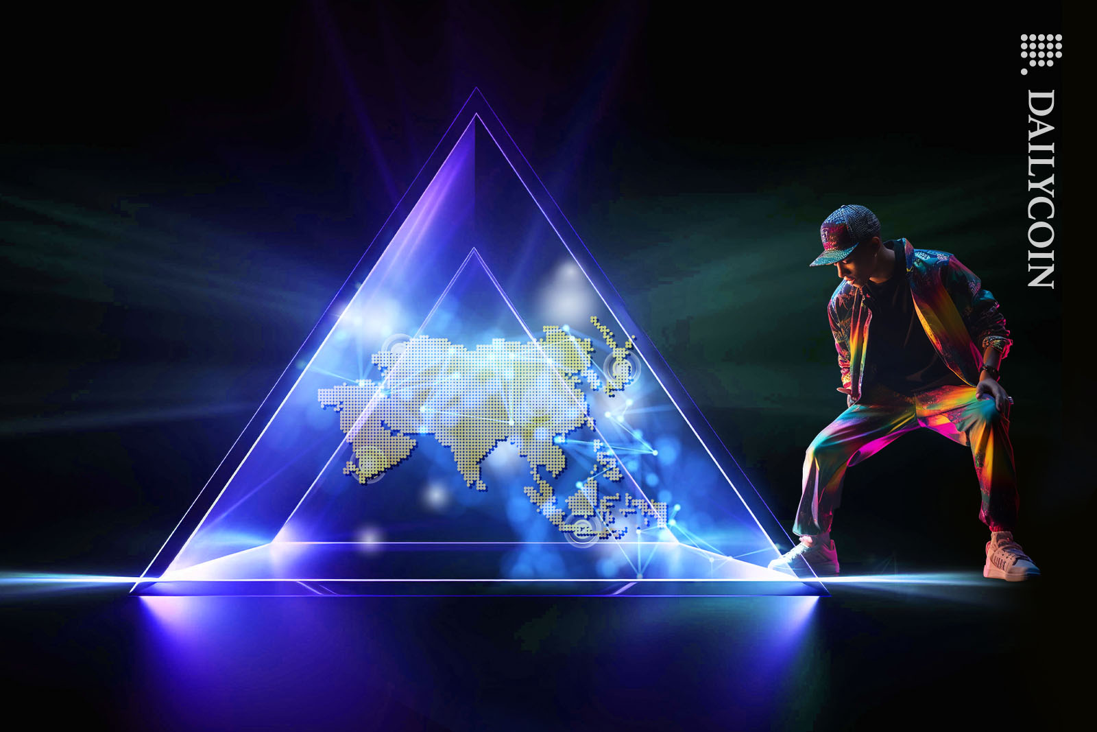 Map of Asia being in a glowing triangle of blockchain.