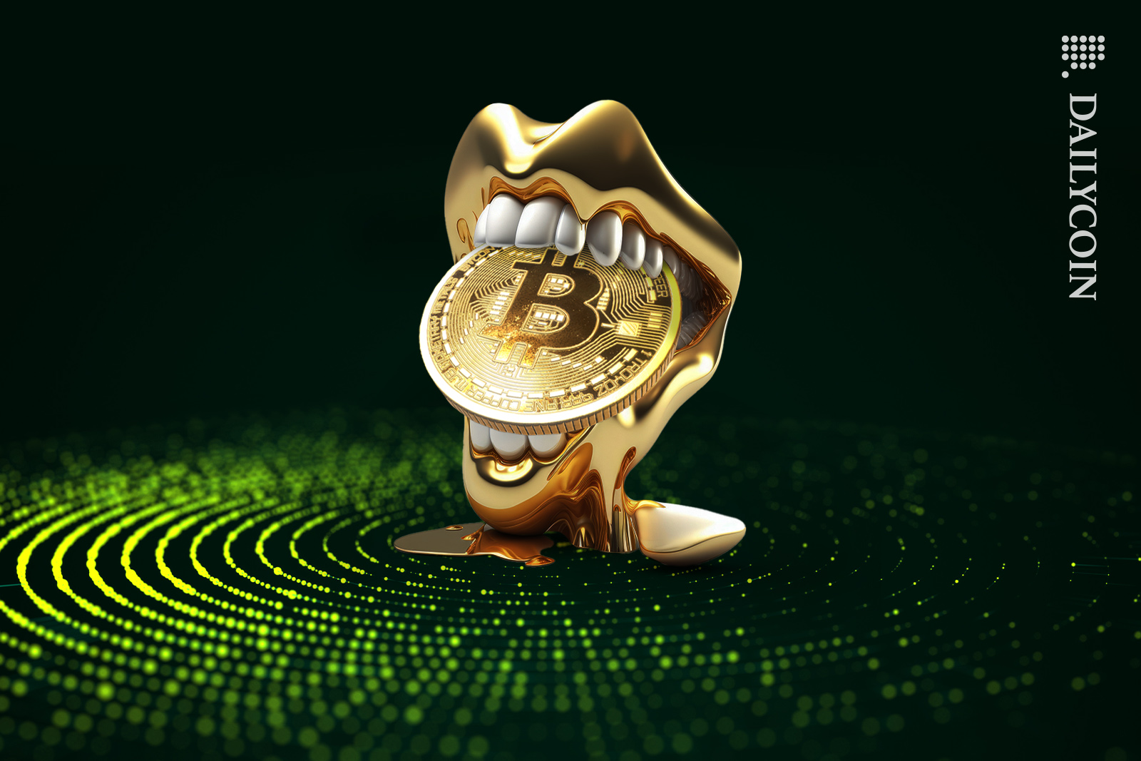 Gold mouth taking a bite out of a Bitcoin in a green landscape.