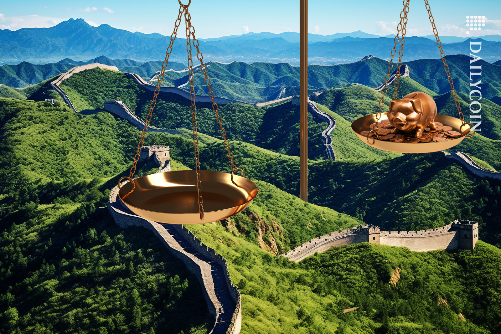 Law scales coming though the land next to the wall of china, and a piggy bank with coins in on one side of the scale.