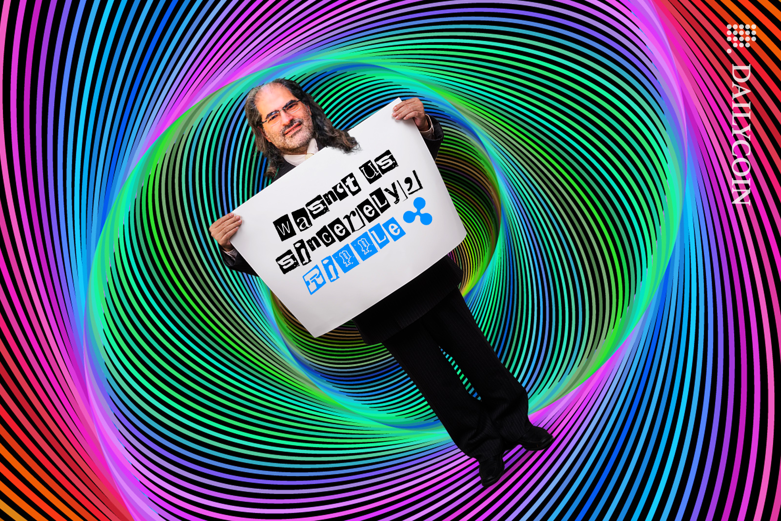 David Schwartz showing a sign "wasn’t us sincerely, Ripple".