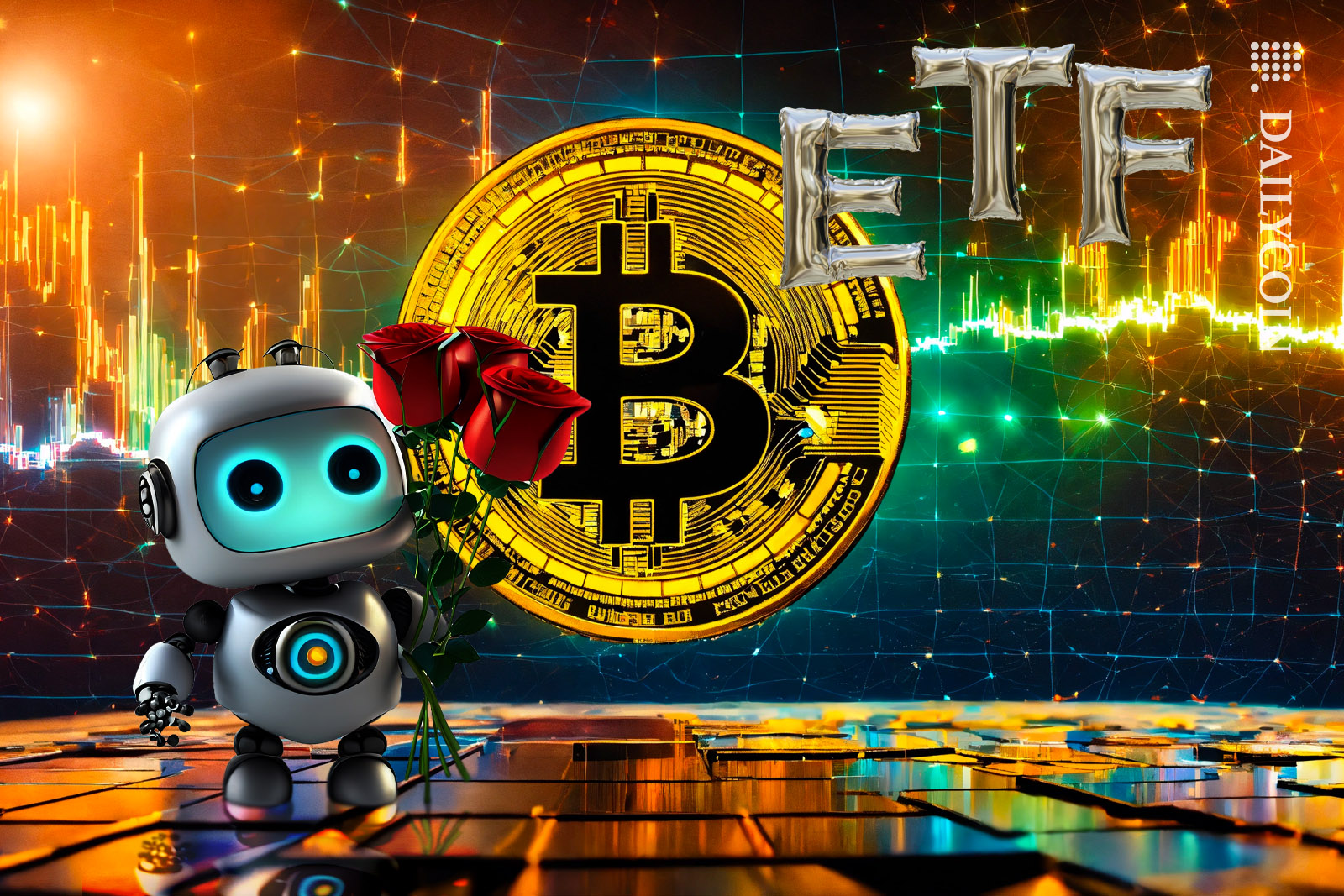 Little robot bringing flowers to BTC ETF on a BTC digital crypto chart land.