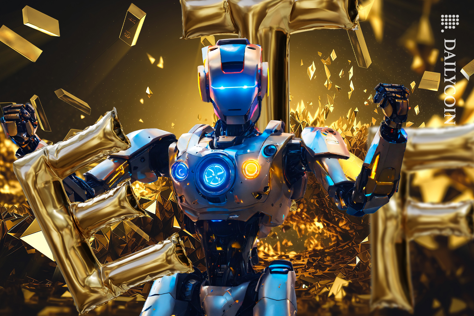 Robot Celebrating ETF as there is a Gold rush in crypto charts