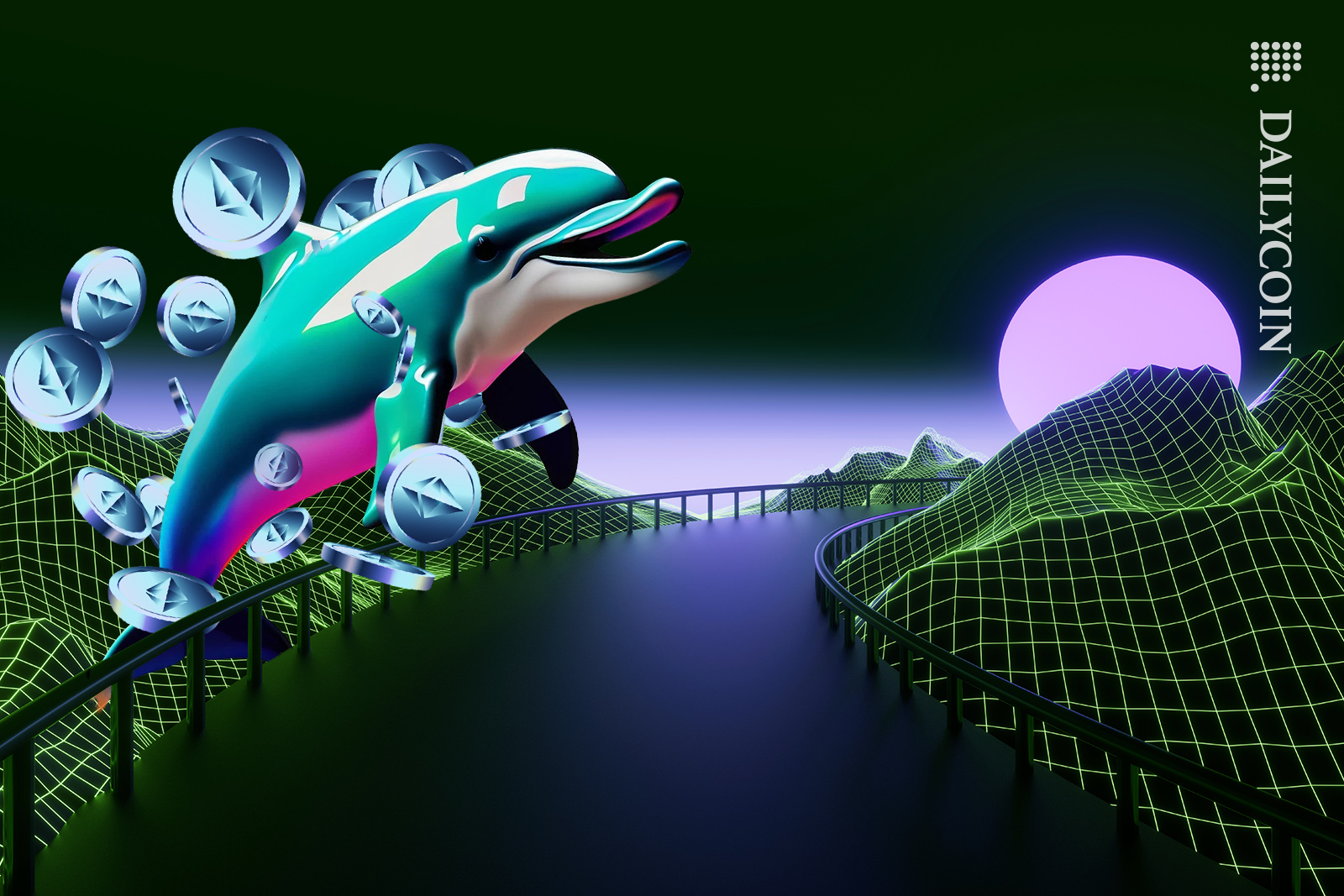 ETH Sepolia dolphin jumping over a bridge in a digital landscape.