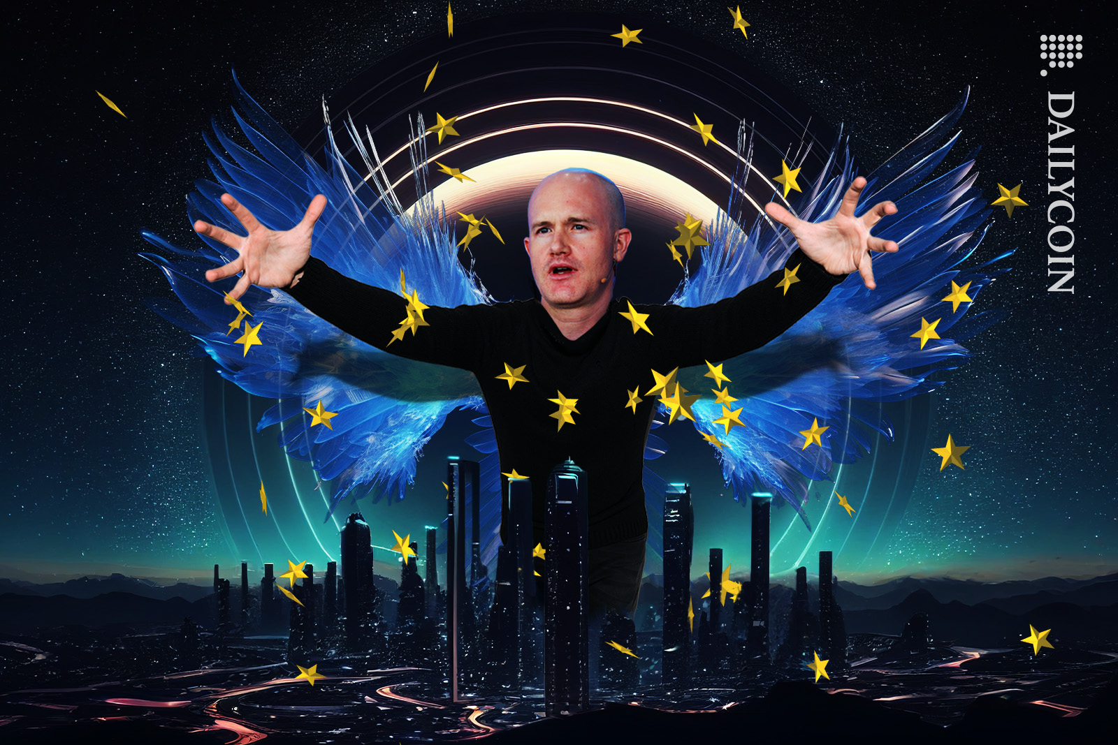 Brian Armstrong throwing some European Union Flag stars on a city.