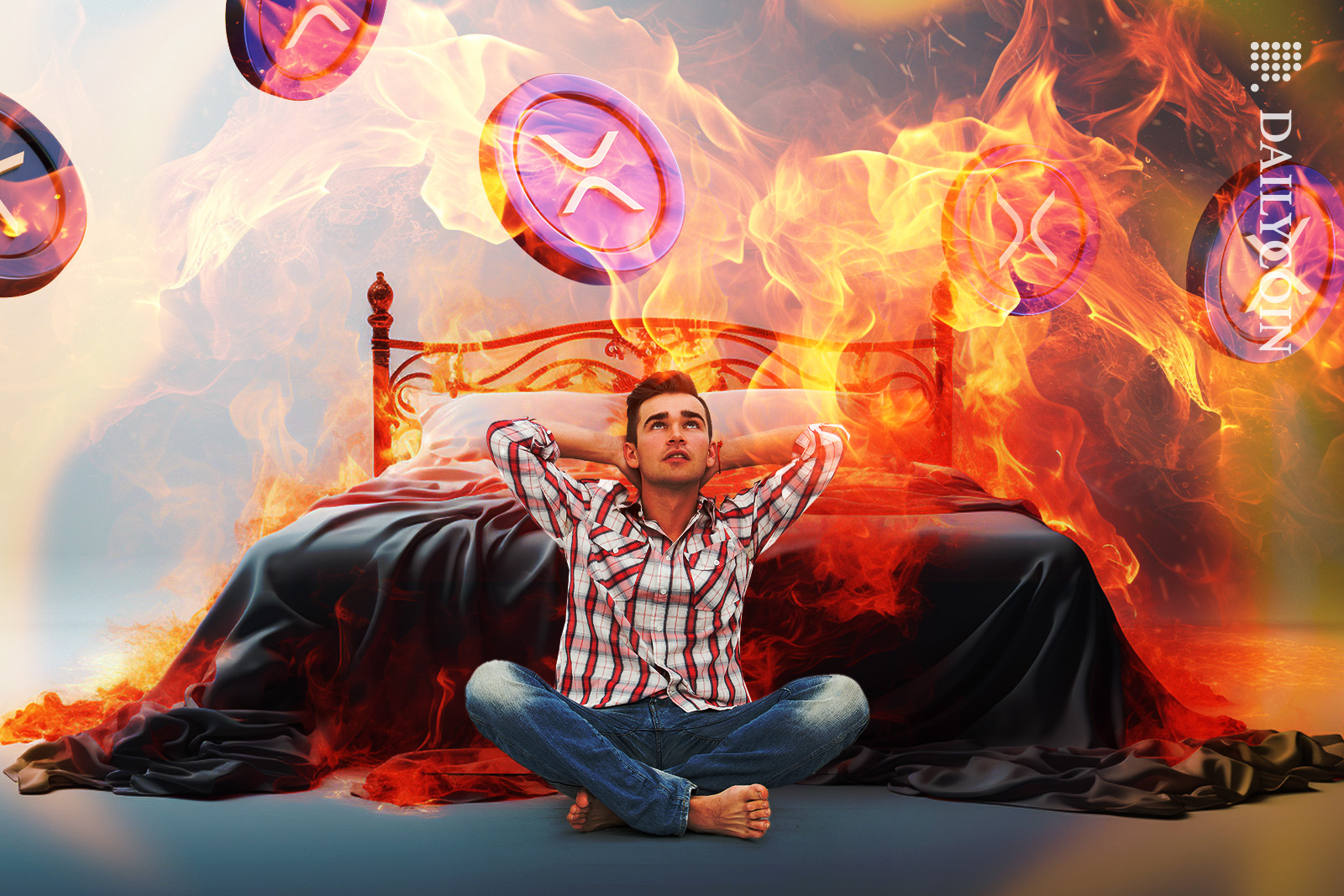 Guy is fearing and imagining what is going to happen to XRP and his world. XRP tokens in flames and his room is filled with fire too.