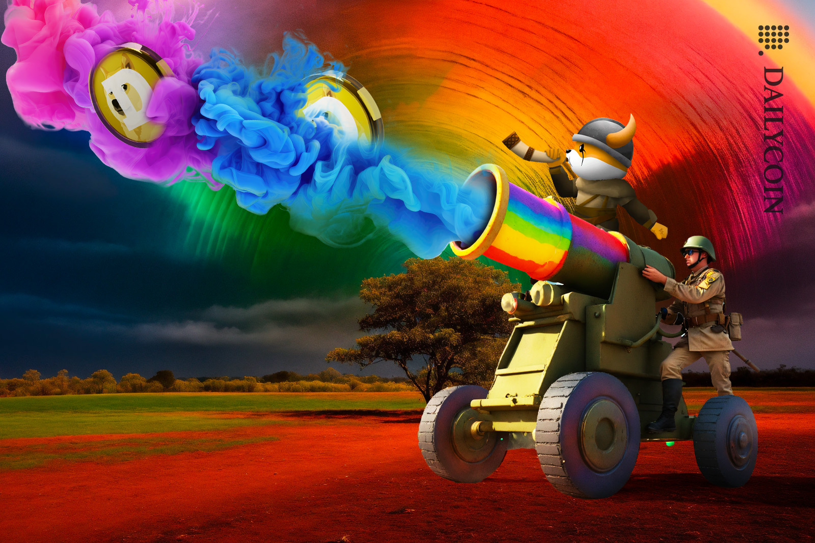Man shooting a colourful cannon with DOGE coins shooting up out of it. Floki is right beside him calling his shots.