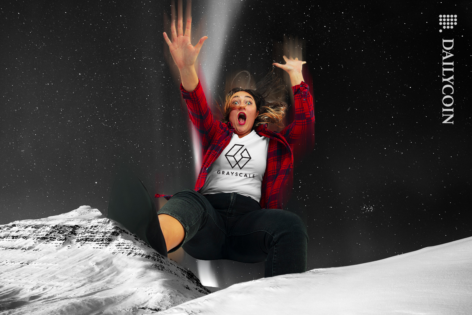 Grayscale woman falling down a slowy cliff.