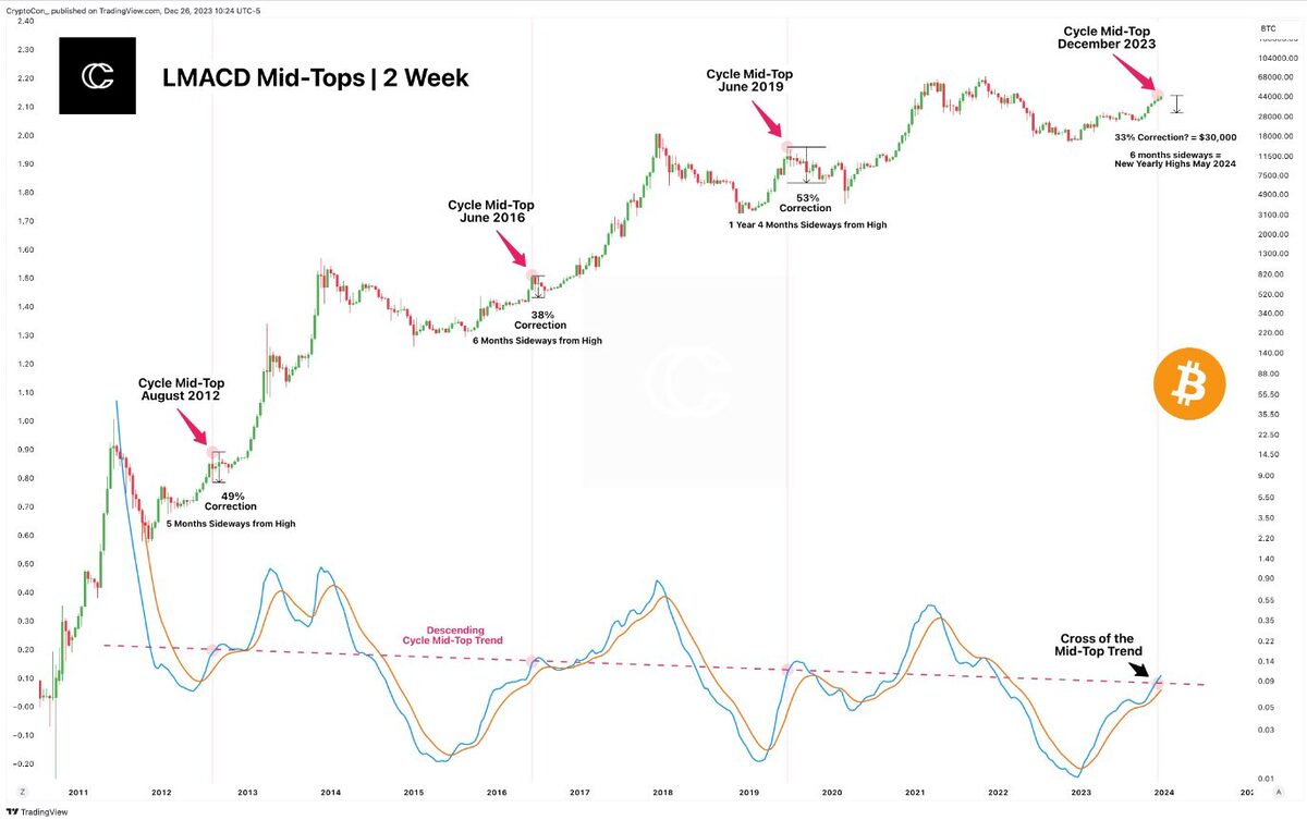 Chart demonstrating how each Bitcoin halving cycle repeats in similar patterns.