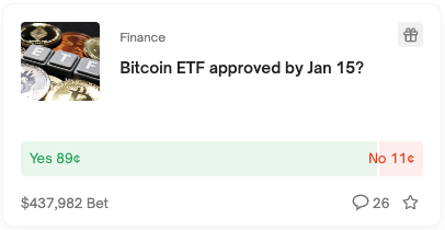 Screenshot from Polymarket showing betting odds on Bitcoin ETF.