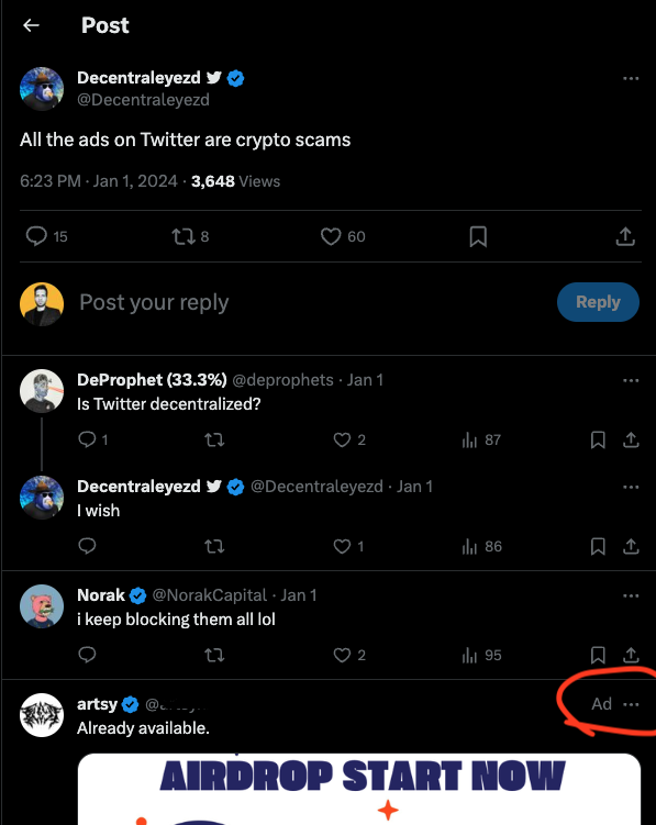 Twitter post complaining about scams, with a scam link in the comments.
