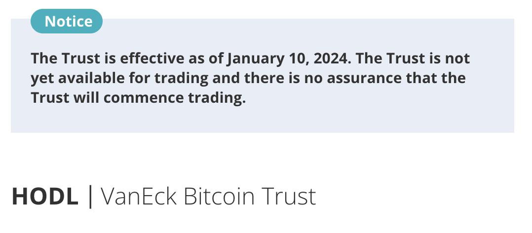 VanEck Bitcoin Trust official announcment.