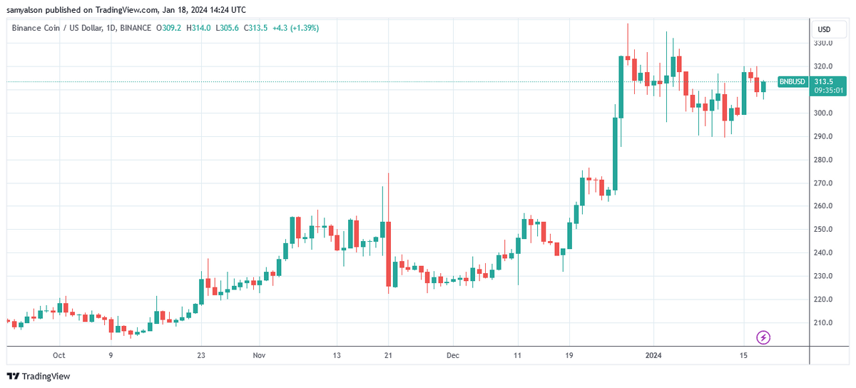 BNB daily chart showing strong Q4 2023 performance, per Trading View.