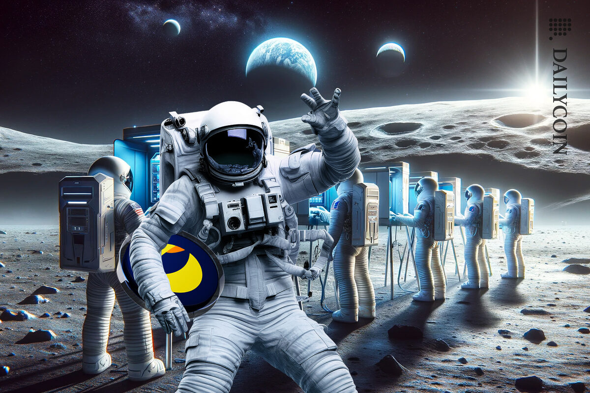 Astronaut waving hello with LUNC coin as fellow astronauts are casting their vote.