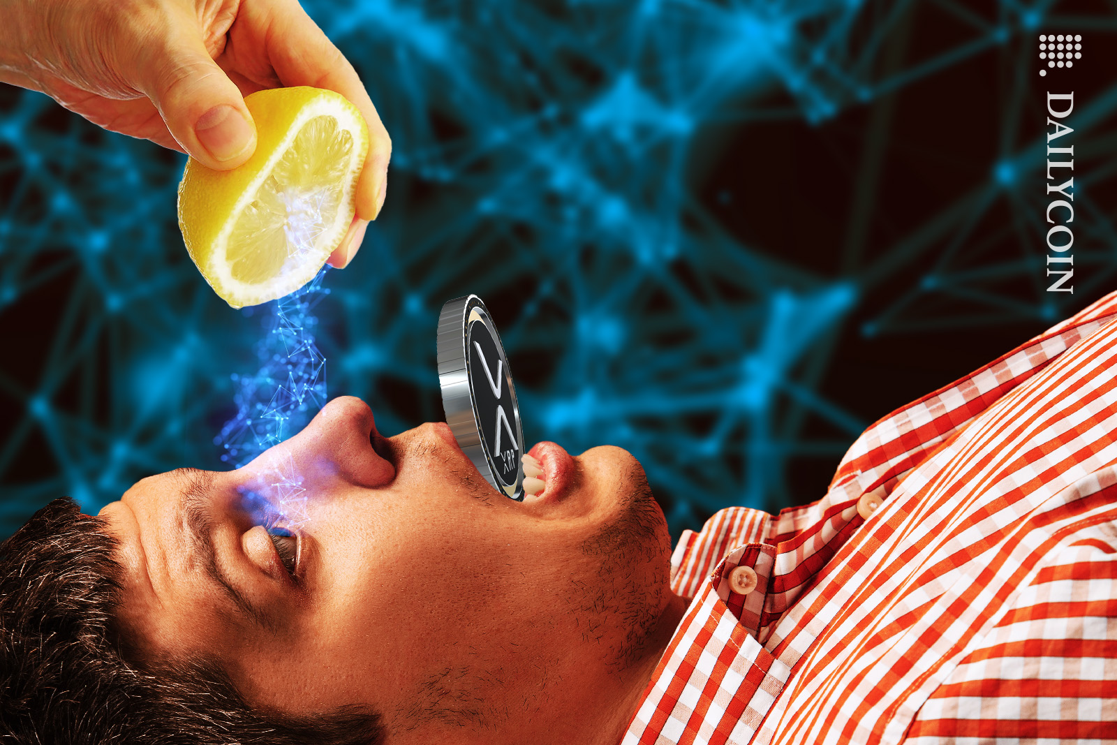Man getting a squeeze of lemon defi juice into the eye whilst biting down on XRP coin.