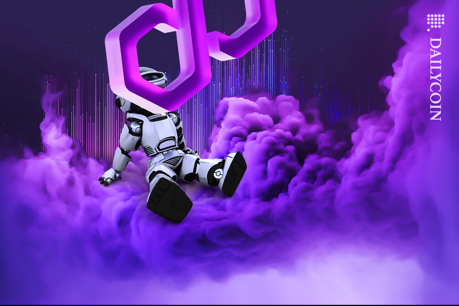 Robot on a cloud seeing Polygon Matic hover above it.