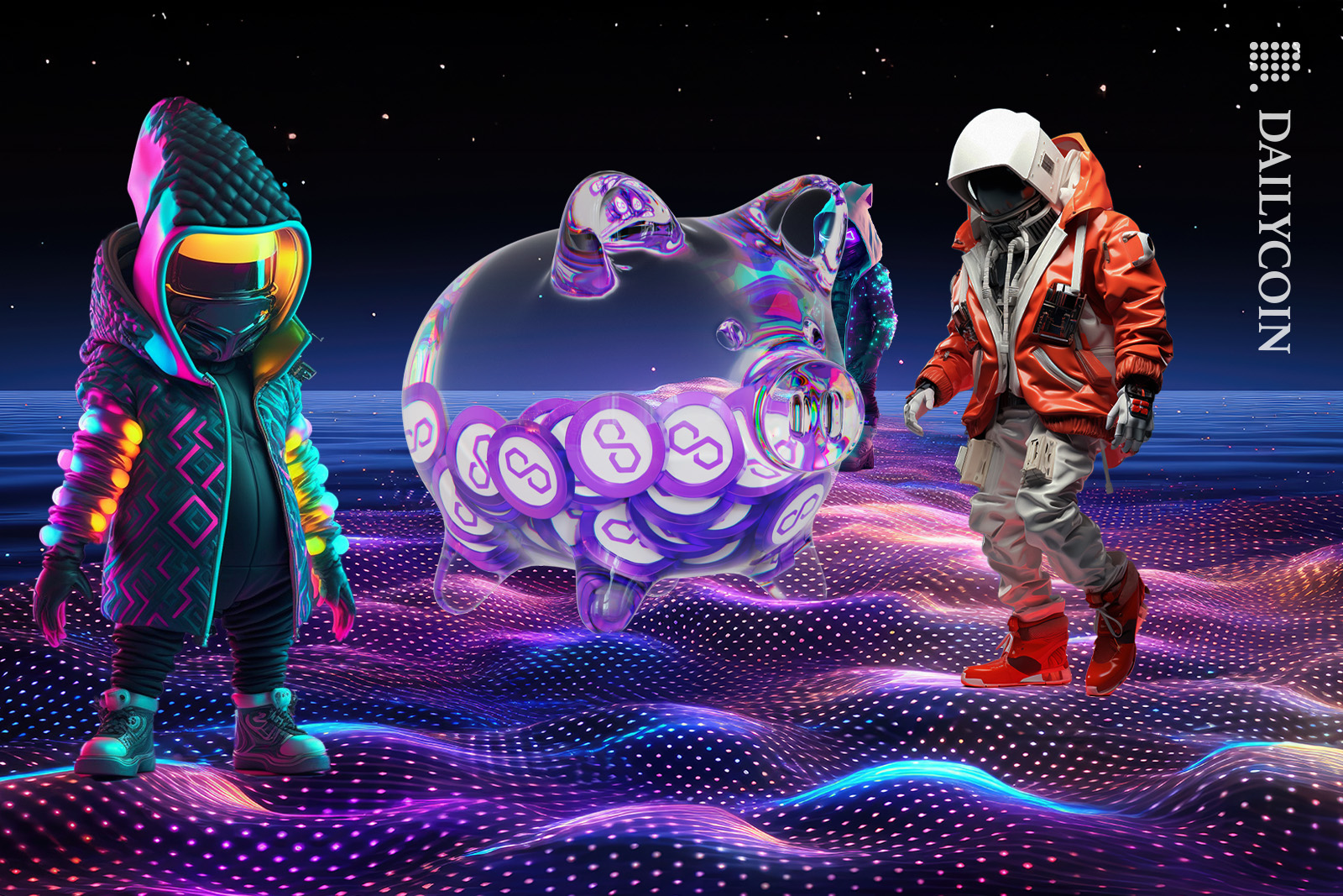 NFT characters approaching the Polygon Matic coins.
