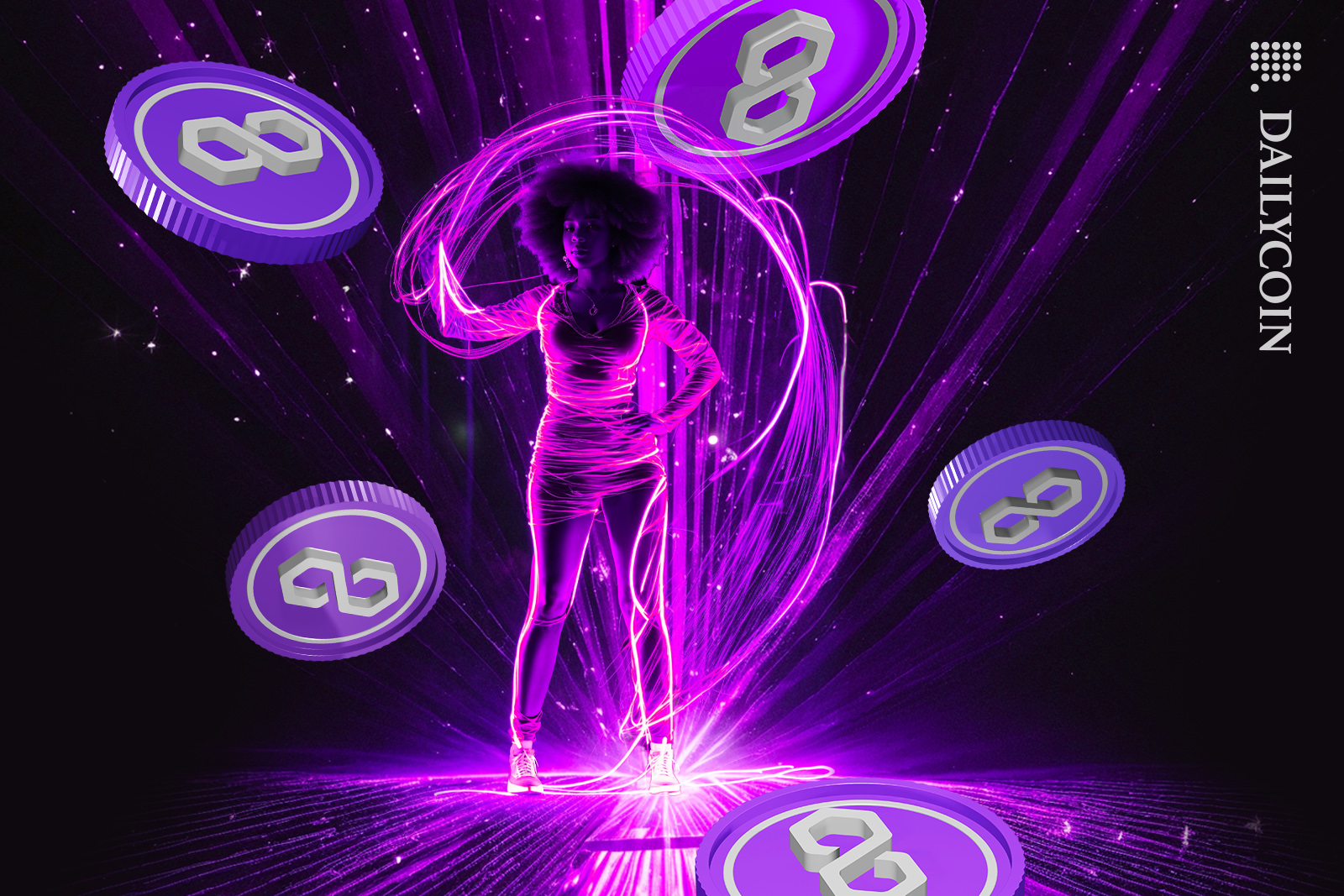 Woman making sparks with Polygon MATIC coins.