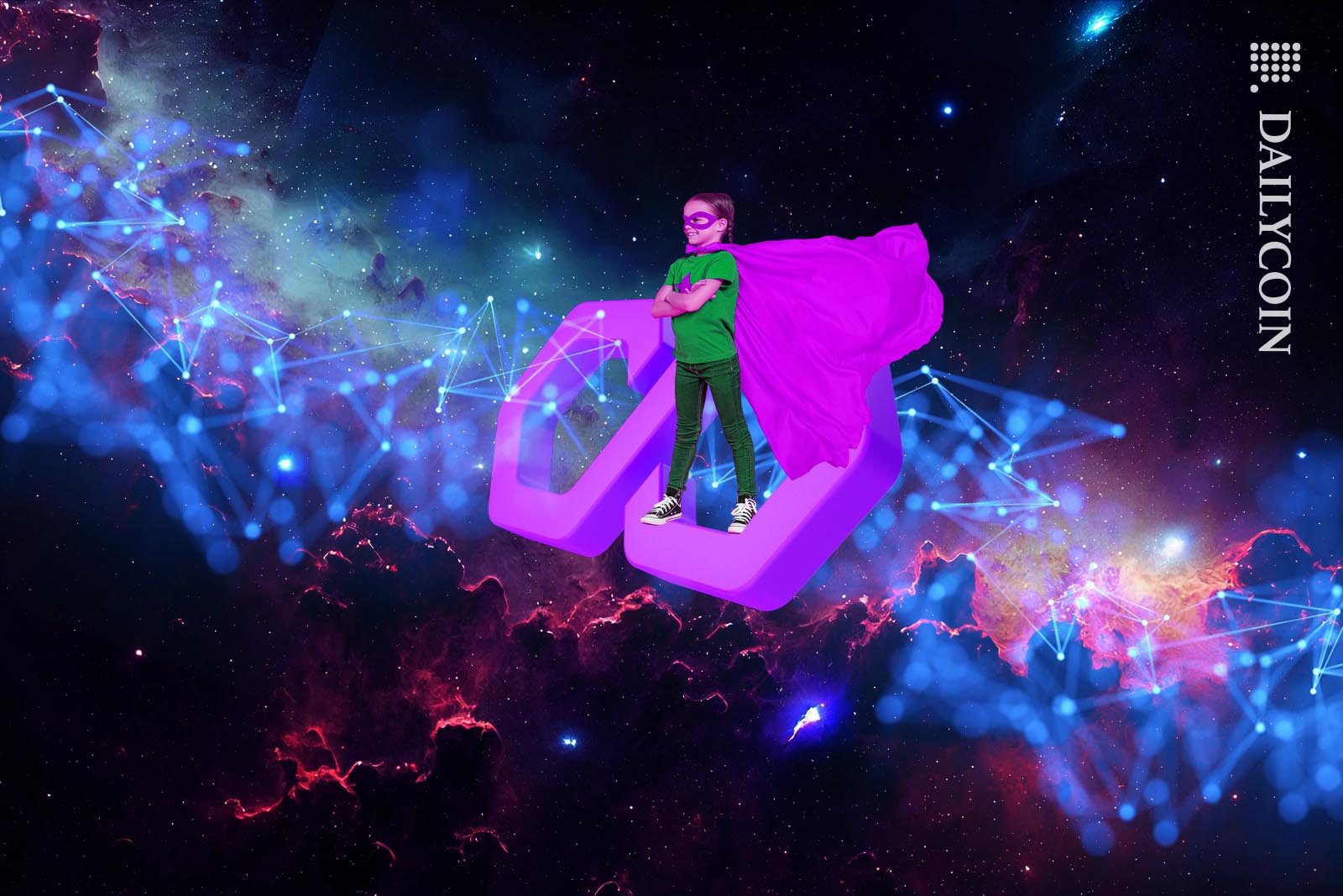 3D Polygon logo in space with a small supergirl standing on it.