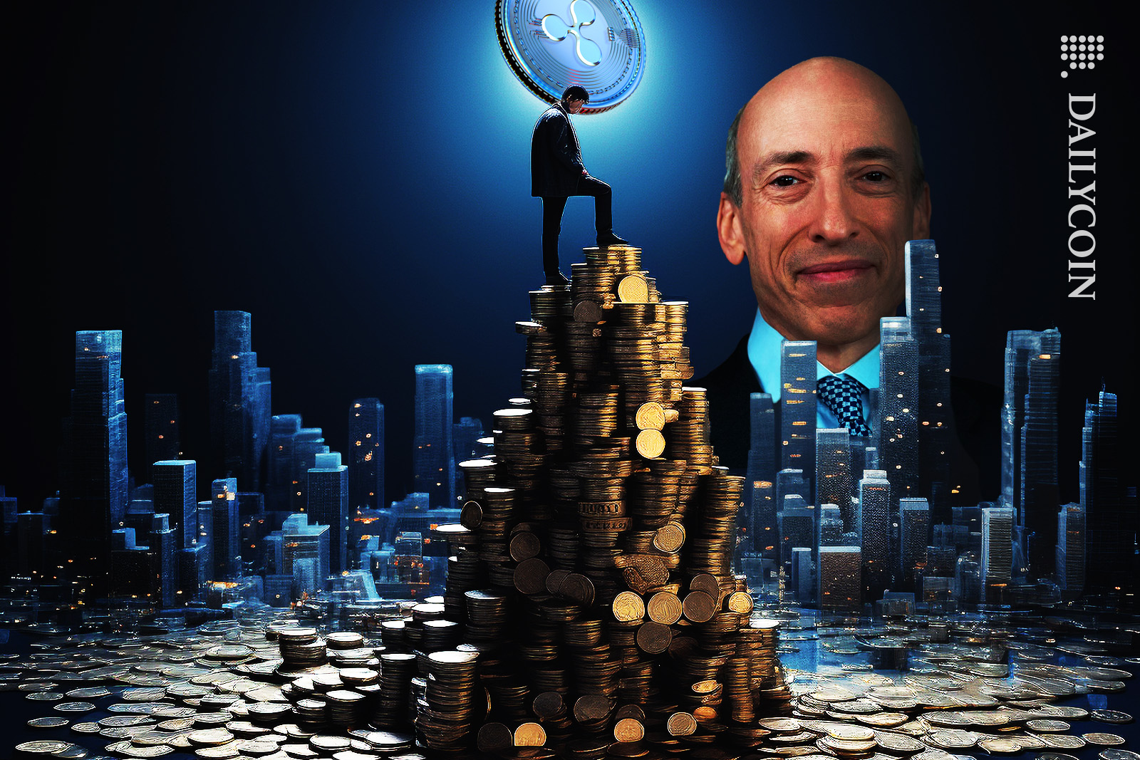 Ripple blue moon with dark city, man standing on his coinstock and Gary Gensler in back smilling.