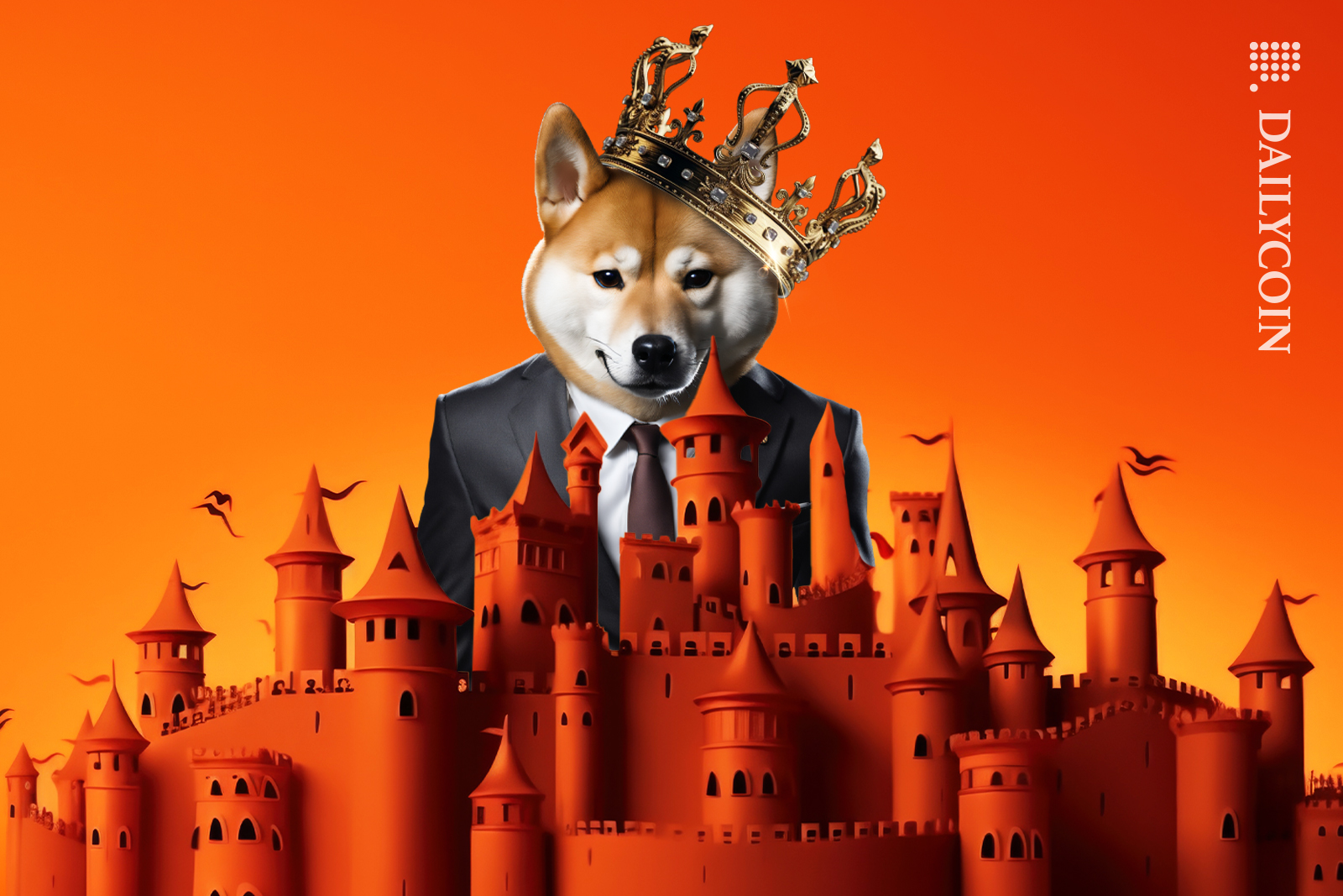 Shiba inu in his Shib kingdom wearing a crown.