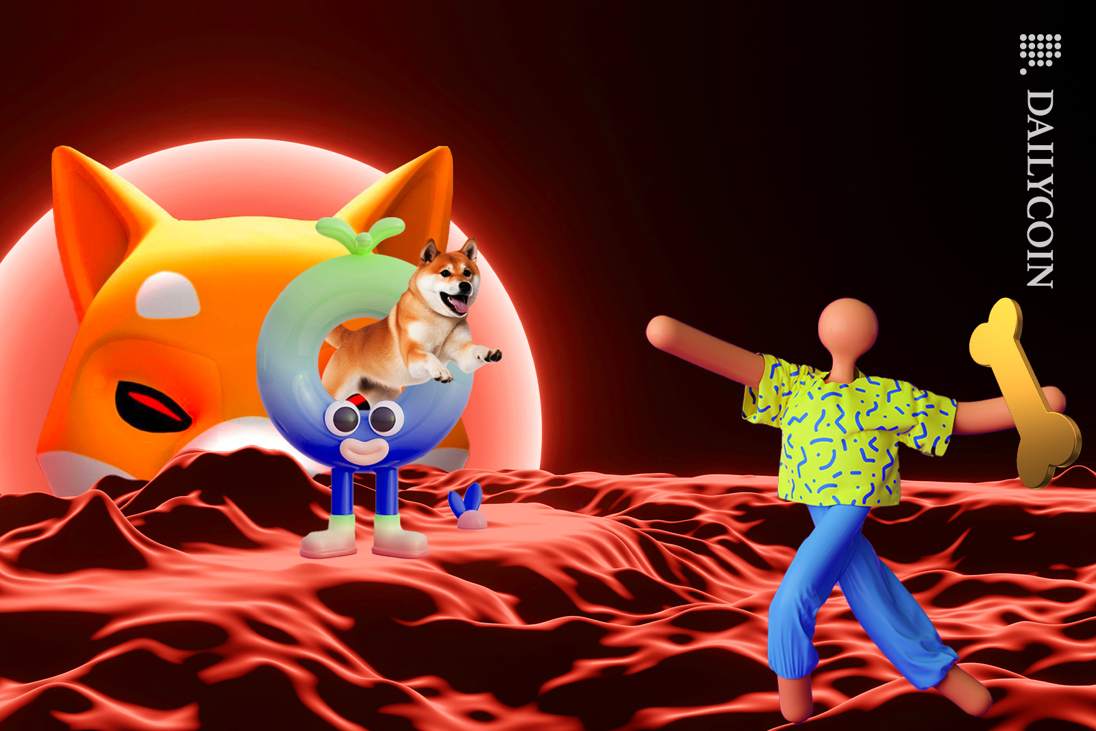 NFT'S playing with Shiba inu and his bone on Shiba land.