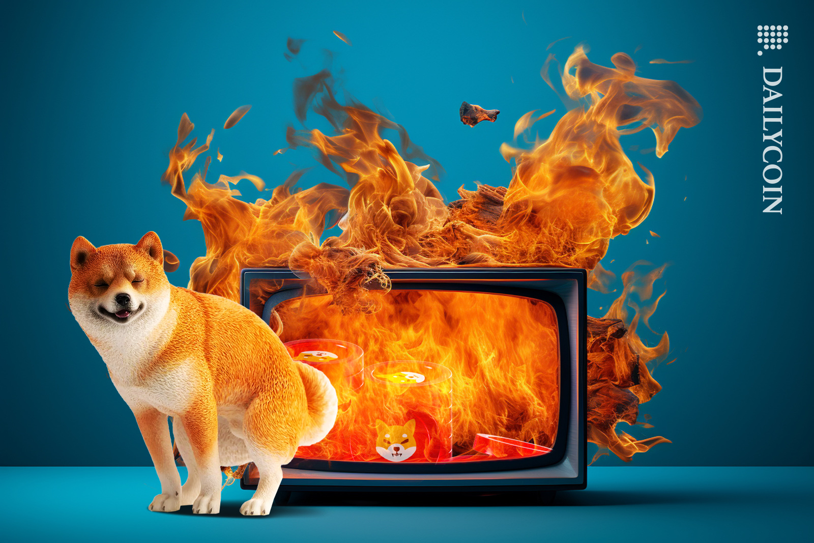 Shiba inu posing next to a TV on fire with Shiba Inu price.