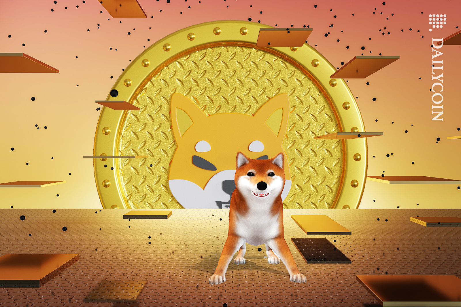 Shiba inu happy, huge Shib token behind him and steps floating around him