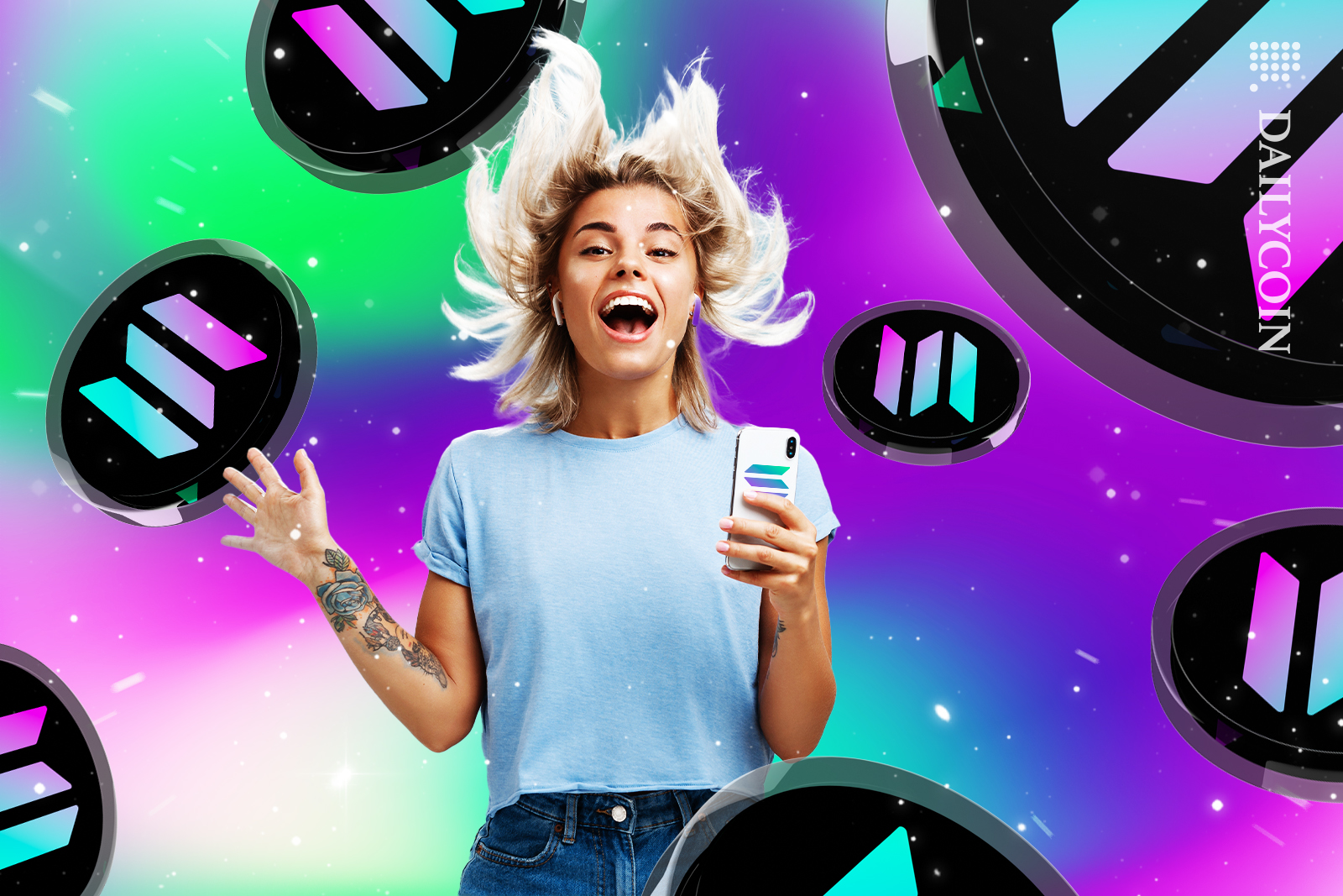 Girl excited about the new solana phone.