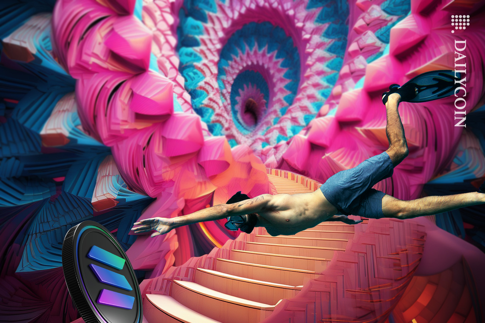 Solana coin tumbling downa spiral stair case, a diver is trying to catch it.