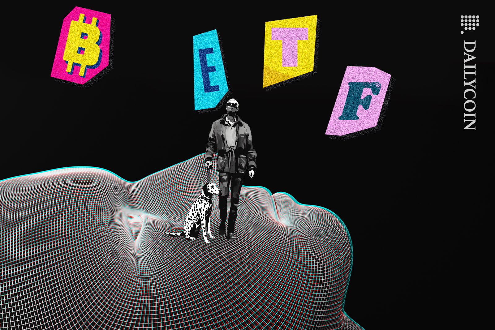 Man with a dalmation on a hologram had looking up to see Btc ETF.